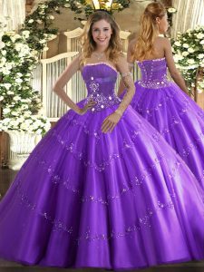 Artistic Lavender Tulle Lace Up Strapless Sleeveless Floor Length 15th Birthday Dress Beading and Appliques