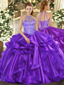 Artistic Sleeveless Floor Length Beading and Embroidery and Ruffles Lace Up Vestidos de Quinceanera with Purple