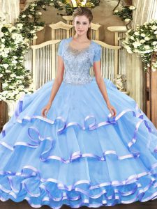 Ball Gowns Quinceanera Gown Aqua Blue Scoop Tulle Sleeveless Floor Length Clasp Handle
