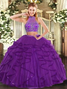Sexy Floor Length Two Pieces Sleeveless Purple Sweet 16 Dresses Criss Cross