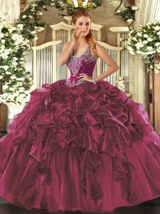 Floor Length Ball Gowns Sleeveless Burgundy Sweet 16 Dress Lace Up