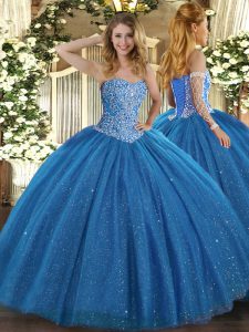 Traditional Blue Lace Up Sweet 16 Dresses Beading Sleeveless Floor Length