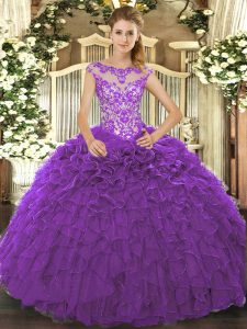 Fantastic Purple Organza Lace Up Scoop Cap Sleeves Floor Length 15 Quinceanera Dress Beading and Ruffles and Hand Made Flower