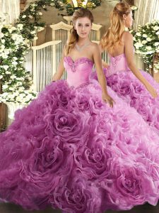 Floor Length Rose Pink Quinceanera Gowns Fabric With Rolling Flowers Sleeveless Beading