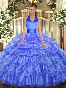 Sleeveless Organza Floor Length Lace Up Ball Gown Prom Dress in Blue with Ruffled Layers and Pick Ups