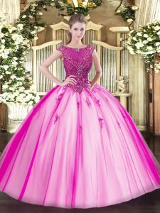 Customized Fuchsia Cap Sleeves Tulle Lace Up Sweet 16 Quinceanera Dress for Sweet 16 and Quinceanera