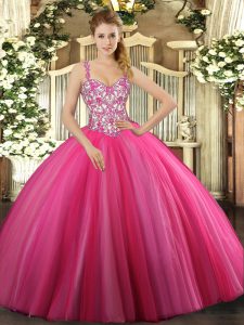 Unique Hot Pink Ball Gowns Tulle Straps Sleeveless Beading Floor Length Lace Up 15 Quinceanera Dress