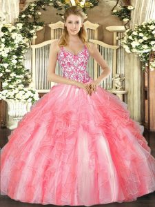 Ball Gowns 15 Quinceanera Dress Coral Red Straps Tulle Sleeveless Floor Length Lace Up