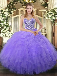 Elegant Lilac Ball Gowns Tulle Sweetheart Sleeveless Beading and Ruffles Floor Length Lace Up Sweet 16 Dresses