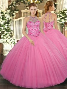 Beading Vestidos de Quinceanera Rose Pink Lace Up Sleeveless Floor Length