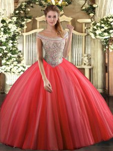 Tulle Off The Shoulder Sleeveless Lace Up Beading 15 Quinceanera Dress in Coral Red