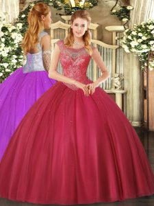 Coral Red Lace Up Quince Ball Gowns Beading Sleeveless Floor Length