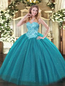 Fancy Sleeveless Tulle and Sequined Floor Length Lace Up Sweet 16 Quinceanera Dress in Teal with Appliques