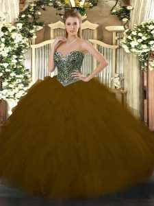 Fancy Tulle Sweetheart Sleeveless Lace Up Beading and Ruffles Quinceanera Gowns in Brown