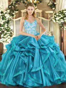 Teal Ball Gowns Beading and Appliques and Ruffles Sweet 16 Dresses Lace Up Organza Sleeveless Floor Length