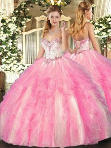 Best Sweetheart Sleeveless Lace Up Quinceanera Dress Rose Pink Tulle