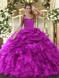 Top Selling Fuchsia Halter Top Lace Up Ruffles and Pick Ups Quinceanera Gown Sleeveless