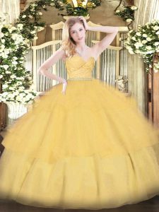 Gold Sleeveless Tulle Zipper Quince Ball Gowns for Military Ball and Sweet 16 and Quinceanera