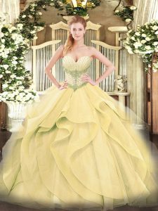 Sumptuous Gold Ball Gowns Beading and Ruffles Vestidos de Quinceanera Lace Up Tulle Sleeveless Floor Length