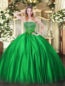 Luxury Green Lace Up Strapless Beading Quince Ball Gowns Satin Sleeveless
