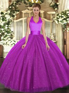 Inexpensive Fuchsia Halter Top Lace Up Sequins 15 Quinceanera Dress Sleeveless