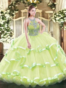 Super Sleeveless Floor Length Beading and Ruffled Layers Lace Up Sweet 16 Dresses with Yellow Green