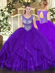 Sleeveless Floor Length Beading and Ruffles Lace Up Quinceanera Gown with Eggplant Purple