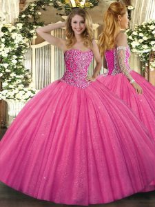 Hot Pink Ball Gowns Sweetheart Sleeveless Tulle Floor Length Lace Up Beading Quinceanera Gowns