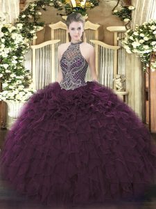Dark Purple Halter Top Neckline Beading and Ruffles 15 Quinceanera Dress Sleeveless Lace Up