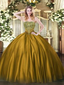 Vintage Brown Ball Gowns Beading Ball Gown Prom Dress Lace Up Satin Sleeveless Floor Length