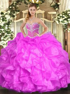 High End Sweetheart Sleeveless Quinceanera Gown Floor Length Beading and Ruffles Fuchsia Organza