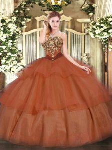 Unique Rust Red Tulle Lace Up Sweet 16 Dress Sleeveless Floor Length Beading and Ruffled Layers