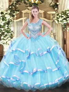 Beading and Ruffled Layers Sweet 16 Dresses Aqua Blue Lace Up Sleeveless Floor Length