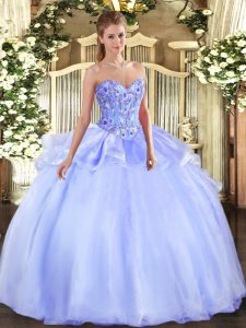 Glittering Lavender Ball Gowns Embroidery Ball Gown Prom Dress Lace Up Organza Sleeveless Floor Length