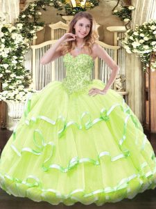 Yellow Green Sweet 16 Quinceanera Dress Sweet 16 and Quinceanera with Appliques and Ruffled Layers Sweetheart Sleeveless Lace Up