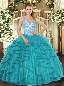 Gorgeous Teal Ball Gowns Straps Sleeveless Tulle Floor Length Lace Up Beading and Ruffles Vestidos de Quinceanera