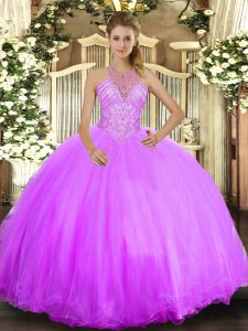 Exquisite Lilac Ball Gowns Halter Top Sleeveless Tulle Floor Length Lace Up Beading Ball Gown Prom Dress