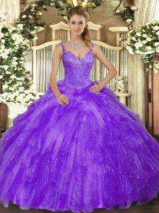 Enchanting Tulle V-neck Sleeveless Lace Up Beading and Ruffles Sweet 16 Dresses in Lavender