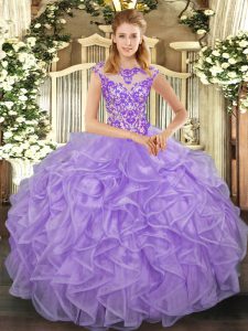 Dazzling Lavender Organza Lace Up Quinceanera Dress Cap Sleeves Floor Length Beading and Appliques and Ruffles