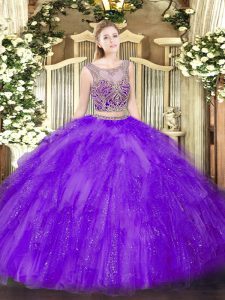 Fabulous Lavender Sleeveless Floor Length Beading and Ruffles Lace Up Ball Gown Prom Dress
