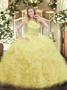 High Quality Yellow Sleeveless Floor Length Beading and Ruffles Zipper 15th Birthday Dress