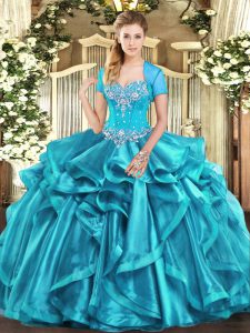 Fantastic Aqua Blue Ball Gowns Beading and Ruffles Quinceanera Gown Lace Up Organza Sleeveless Floor Length