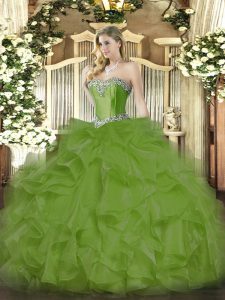 Floor Length Olive Green Vestidos de Quinceanera Organza Sleeveless Beading and Ruffles