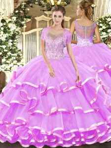Floor Length Clasp Handle Quinceanera Gowns Lilac for Military Ball and Sweet 16 and Quinceanera with Beading and Ruffled Layers