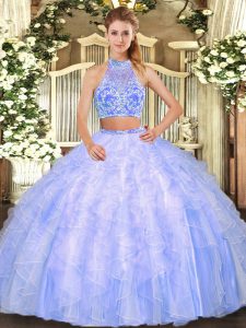 Custom Design Floor Length Criss Cross Quince Ball Gowns Lavender for Military Ball and Sweet 16 and Quinceanera with Ruffles