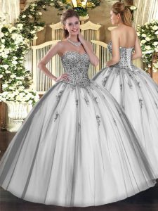 Grey Sleeveless Floor Length Beading and Appliques Lace Up Sweet 16 Dresses