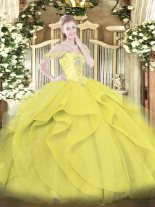 Amazing Yellow Ball Gowns Beading and Ruffles Ball Gown Prom Dress Lace Up Tulle Sleeveless Floor Length