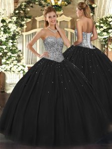 Floor Length Black Quinceanera Gowns Tulle Sleeveless Beading