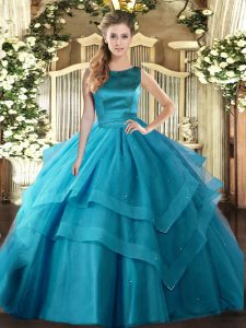 Teal Scoop Lace Up Ruffled Layers Quinceanera Dress Sleeveless