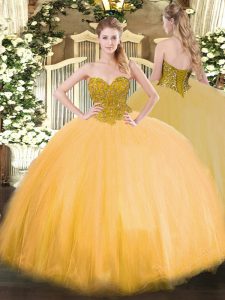 Gold Tulle Lace Up Quinceanera Gowns Sleeveless Floor Length Beading